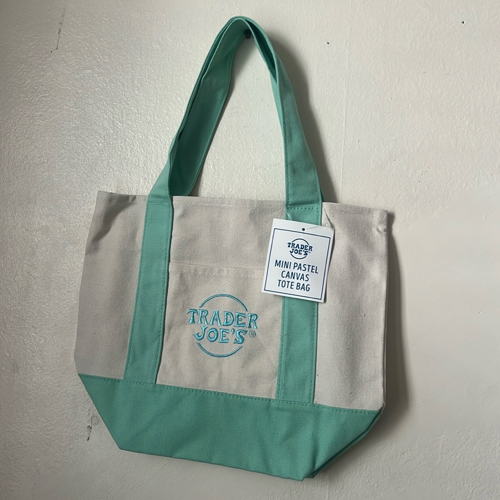 Trader Joe's Mini Mint Green and Cream Canvas Tote Bag